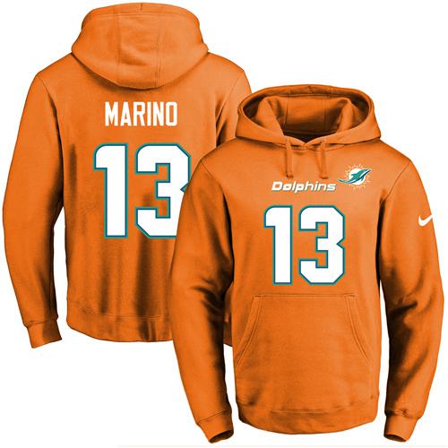 Nike Dolphins #13 Dan Marino Orange Name & Number Pullover NFL Hoodie - Click Image to Close